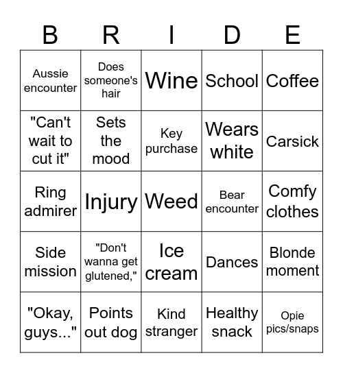 Bride Bingo Card