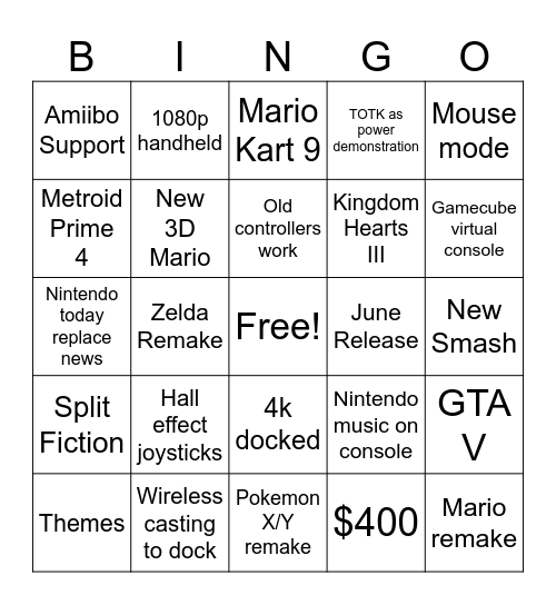 Switch 2 Direct Bingo Card