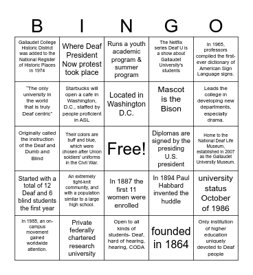 Gallaudet University Bingo Card