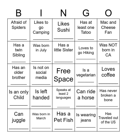 YOUTH HUMAN BINGO Card