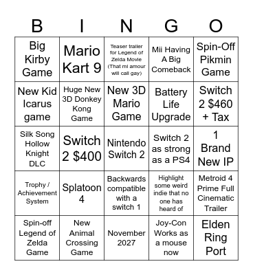 Nintendo Direct Switch 2 Bingo Card Bingo Card