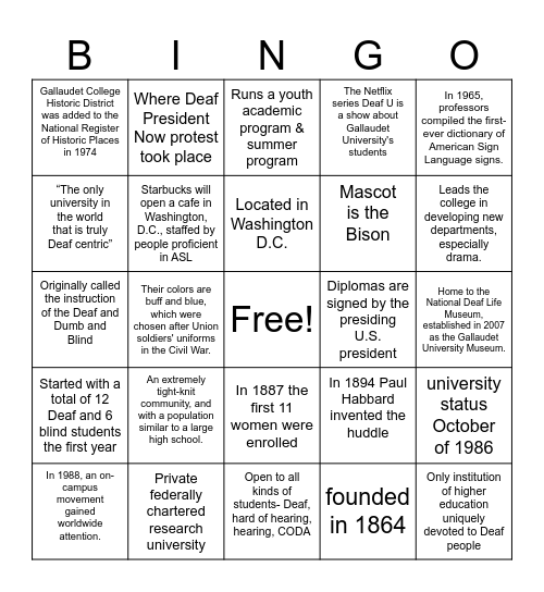Gallaudet University Bingo Card