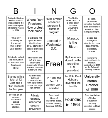 Gallaudet University Bingo Card