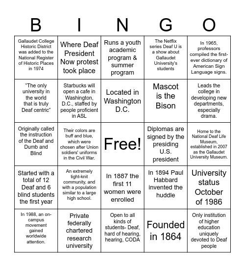 Gallaudet University Bingo Card