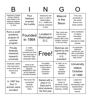 Gallaudet University Bingo Card