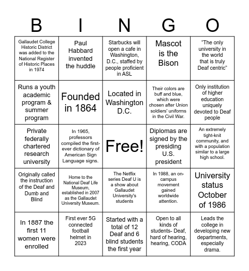 Gallaudet University Bingo Card
