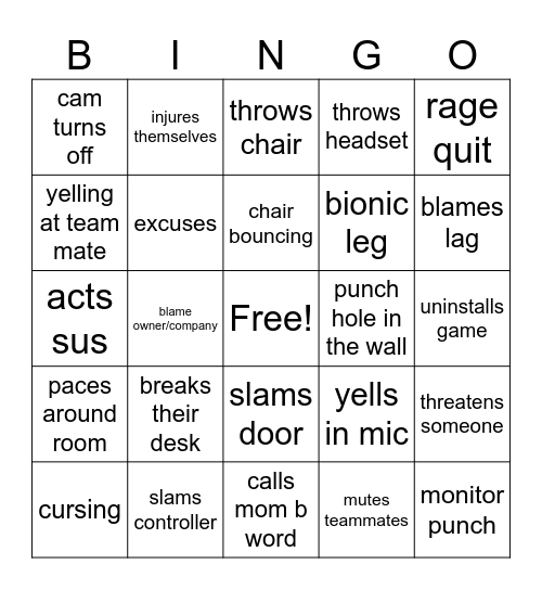GAMER RAGE Bingo Card