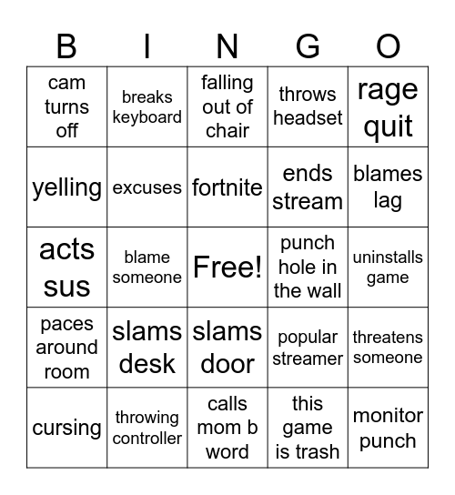 GAMER RAGE Bingo Card