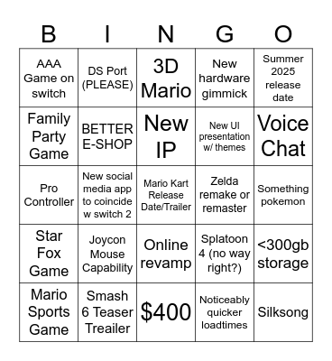 Switch 2 Direct Bingo Card