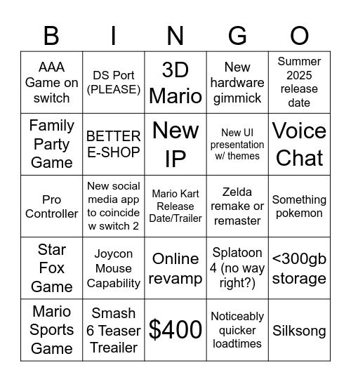 Switch 2 Direct Bingo Card