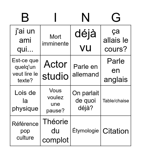 Bingo cours de philo Bingo Card