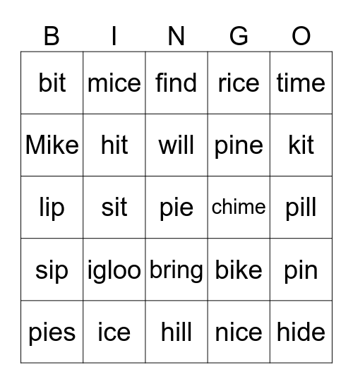 Long I and short I Bingo Card