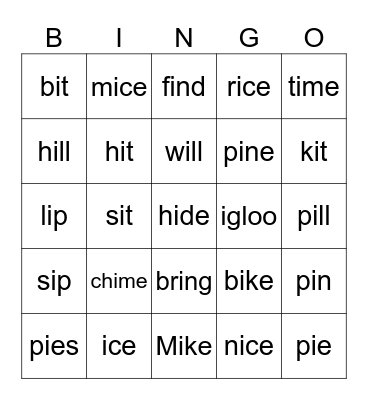 Long I and short I Bingo Card