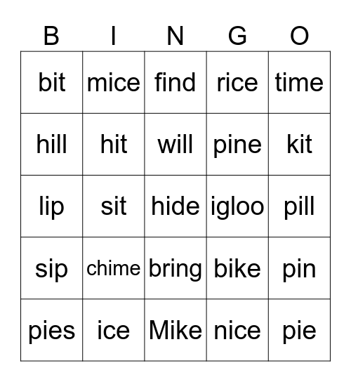 Long I and short I Bingo Card