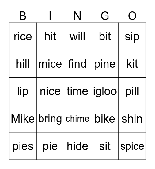 Long I and short I Bingo Card