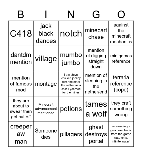 Minecraft Movie Bingo Card