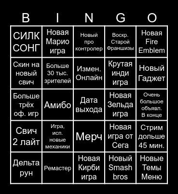 Nintendo direct 2 Bingo Card