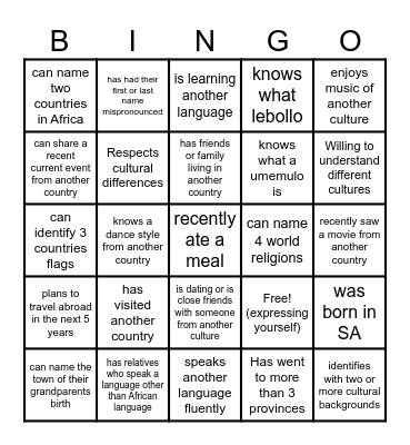 Cultural Competence Bingo Card