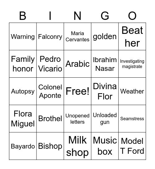 Chronicle of a Death Foretold Bingo Card