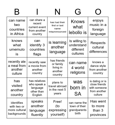 Cultural Competence Bingo Card