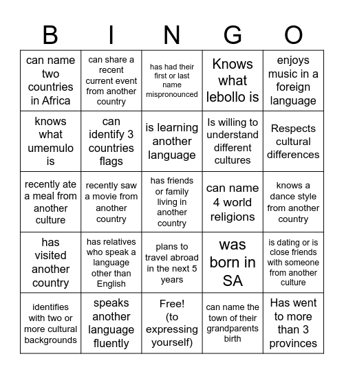 Cultural Competence Bingo Card