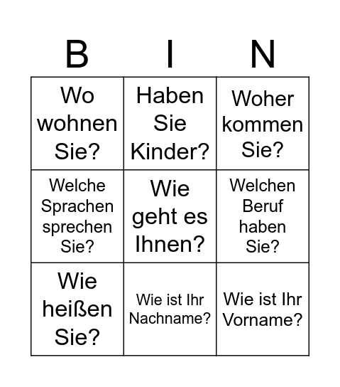 Fragen Bingo Card
