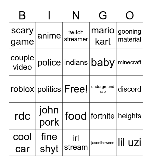 YT SHORTS BINGO Card