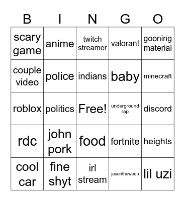 YT SHORTS BINGO Card