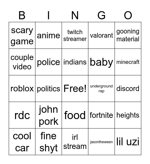 YT SHORTS BINGO Card