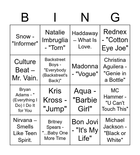 90er Bingo Card