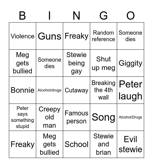 Family guy Bingo Card