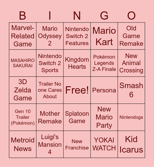 Nintendo Direct 2 Bingo Card
