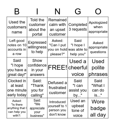 Call Center Bingo Card