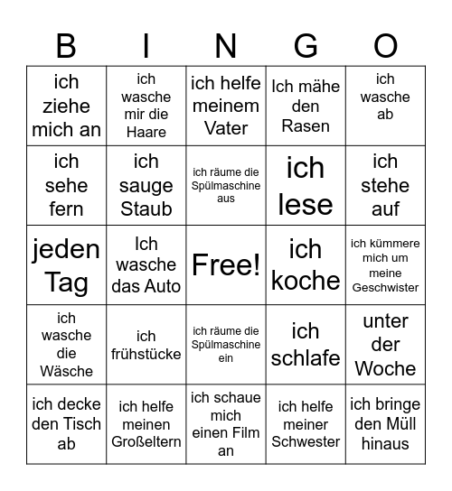 Lebenslauf und Haushalt Bingo Card