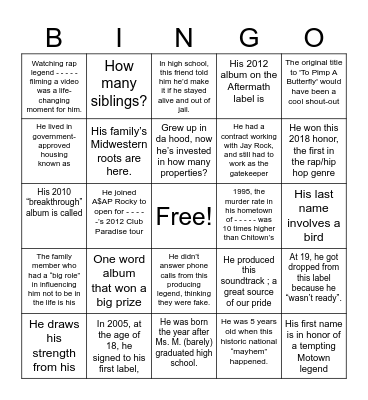 Introducing, Kendrick Lamar Bingo Card