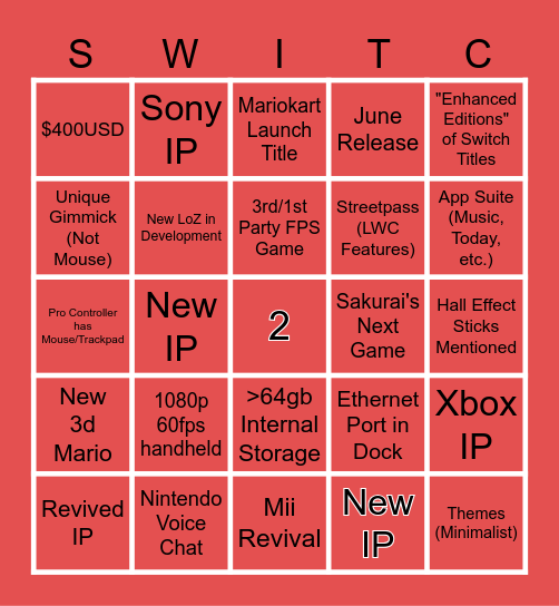 Switch 2 Night Bingo Card