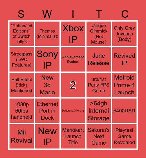 Switch 2 Night Bingo Card