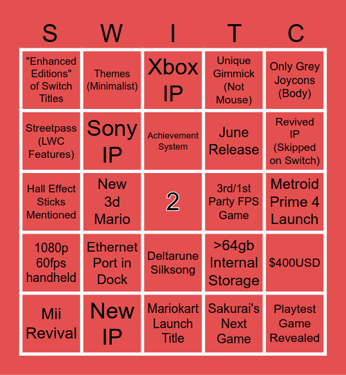 Switch 2 Night Bingo Card