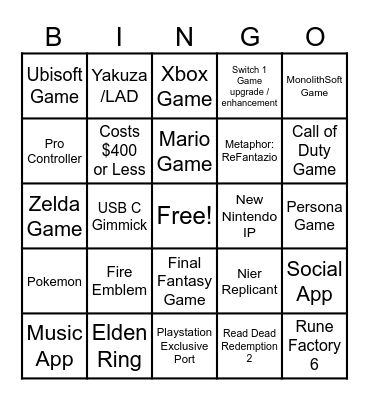 Nintendo Switch 2 Direct Bingo Card