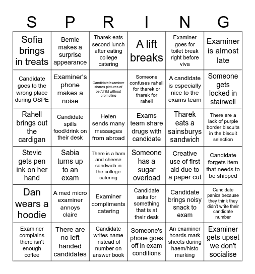 Spring 2025 Exams Bingo Card