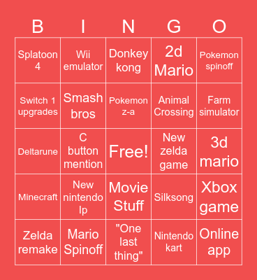 Nintendo Direct Bingo Card