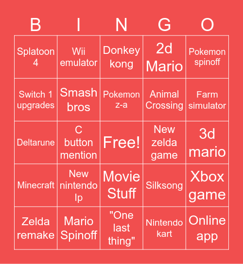 Nintendo Direct Bingo Card