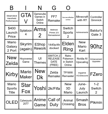 2024 Switch 2 Bingo Card Bingo Card