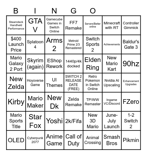 2024 Switch 2 Bingo Card Bingo Card
