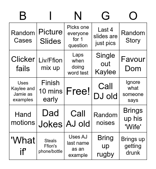 Andy Crawford Bingo Card