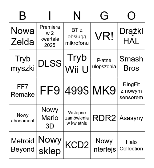 Switch 2 Bingo Card