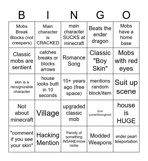Minecraft Song Bingo Card