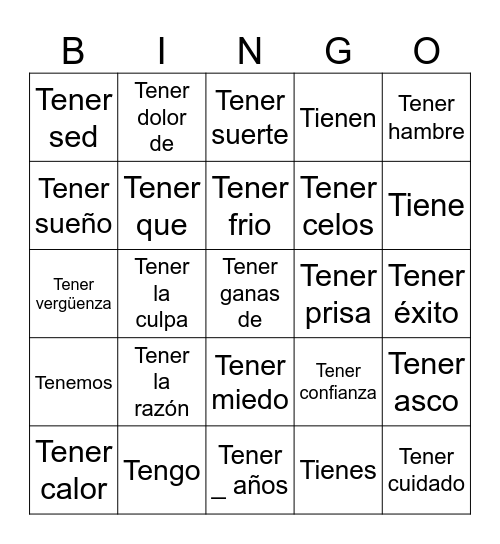 TENER EXPRESIONES Bingo Card