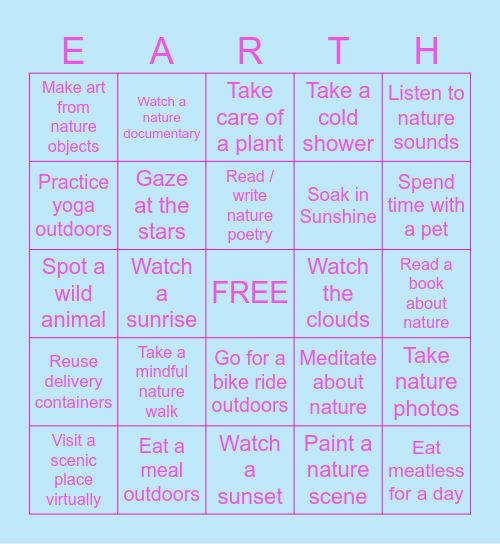 Virtual Earth Day Bingo Card