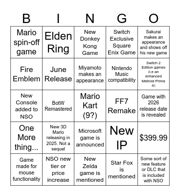 Nintendo Switch 2 Direct Bingo Card